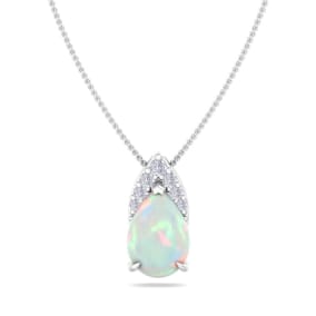7/8 Carat Pear Shape Opal and Diamond Necklace In 14 Karat White Gold, 18 Inches