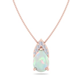 7/8 Carat Pear Shape Opal and Diamond Necklace In 14 Karat Rose Gold, 18 Inches