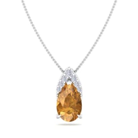 7/8 Carat Pear Shape Citrine and Diamond Necklace In 14 Karat White Gold, 18 Inches