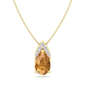 7/8 Carat Pear Shape Citrine and Diamond Necklace In 14 Karat Yellow Gold, 18 Inches
