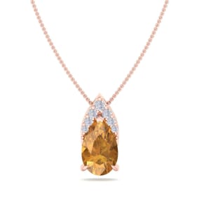 7/8 Carat Pear Shape Citrine and Diamond Necklace In 14 Karat Rose Gold, 18 Inches