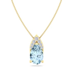 Aquamarine Necklace: Aquamarine Jewelry: 7/8 Carat Pear Shape Aquamarine and Diamond Necklace In 14 Karat Yellow Gold, 18 Inches
