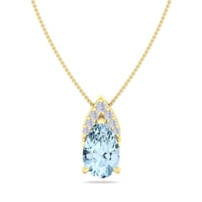7/8 Carat Pear Shape Aquamarine and Diamond Necklace In 14 Karat Yellow Gold, 18 Inches