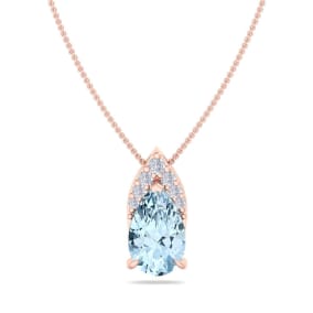 Aquamarine Necklace: Aquamarine Jewelry: 7/8 Carat Pear Shape Aquamarine and Diamond Necklace In 14 Karat Rose Gold, 18 Inches