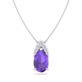 7/8 Carat Pear Shape Amethyst and Diamond Necklace In 14 Karat White Gold, 18 Inches