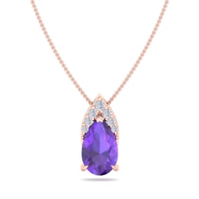 7/8 Carat Pear Shape Amethyst and Diamond Necklace In 14 Karat Rose Gold, 18 Inches