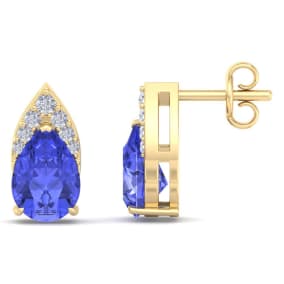 1 3/4 Carat Pear Shape Tanzanite and Diamond Earrings In 14 Karat Yellow Gold