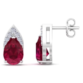 1 3/4 Carat Pear Shape Ruby and Diamond Earrings In 14 Karat White Gold