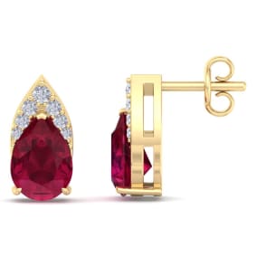 1 3/4 Carat Pear Shape Ruby and Diamond Earrings In 14 Karat Yellow Gold