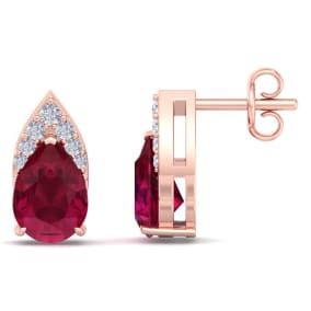 1 3/4 Carat Pear Shape Ruby and Diamond Earrings In 14 Karat Rose Gold