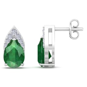 1 3/4 Carat Pear Shape Emerald and Diamond Earrings In 14 Karat White Gold