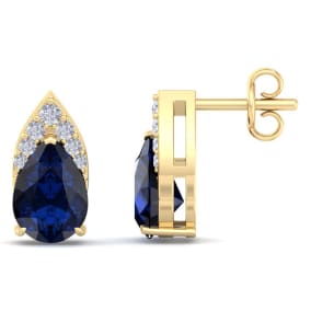 1 3/4 Carat Pear Shape Sapphire and Diamond Earrings In 14 Karat Yellow Gold