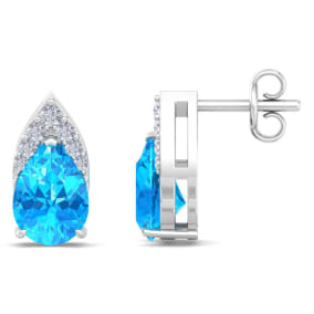 1 3/4 Carat Pear Shape Blue Topaz and Diamond Earrings In 14 Karat White Gold