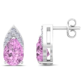 1 3/4 Carat Pear Shape Pink Topaz and Diamond Earrings In 14 Karat White Gold