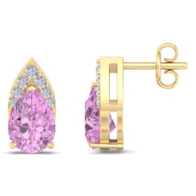 1 3/4 Carat Pear Shape Pink Topaz and Diamond Earrings In 14 Karat Yellow Gold