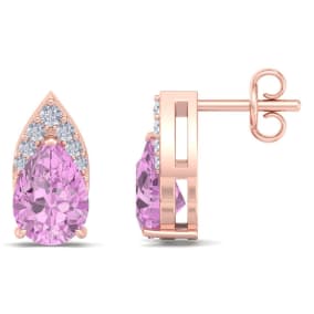 1 3/4 Carat Pear Shape Pink Topaz and Diamond Earrings In 14 Karat Rose Gold