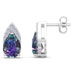 1 3/4 Carat Pear Shape Mystic Topaz and Diamond Earrings In 14 Karat White Gold