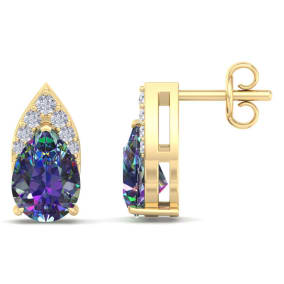 1 3/4 Carat Pear Shape Mystic Topaz and Diamond Earrings In 14 Karat Yellow Gold