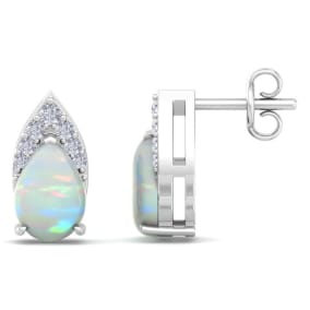 1-3/4 Carat Pear Shape Opal and Diamond Earrings  In 14 Karat White Gold