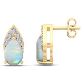 1-3/4 Carat Pear Shape Opal and Diamond Earrings  In 14 Karat Yellow Gold