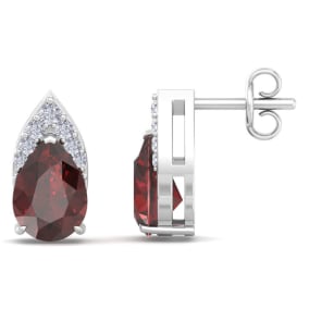 Garnet Earrings: Garnet Jewelry: 1 3/4 Carat Pear Shape Garnet and Diamond Earrings In 14 Karat White Gold