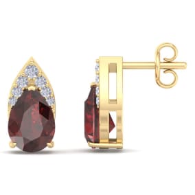 Garnet Earrings: Garnet Jewelry: 1 3/4 Carat Pear Shape Garnet and Diamond Earrings In 14 Karat Yellow Gold