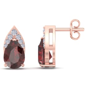 Garnet Earrings: Garnet Jewelry: 1 3/4 Carat Pear Shape Garnet and Diamond Earrings In 14 Karat Rose Gold