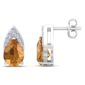 1 3/4 Carat Pear Shape Citrine and Diamond Earrings In 14 Karat White Gold