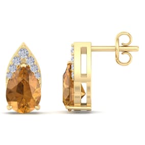 1 3/4 Carat Pear Shape Citrine and Diamond Earrings In 14 Karat Yellow Gold