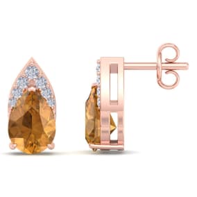 1 3/4 Carat Pear Shape Citrine and Diamond Earrings In 14 Karat Rose Gold