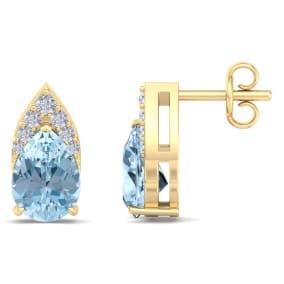 1 3/4 Carat Pear Shape Aquamarine and Diamond Earrings In 14 Karat Yellow Gold