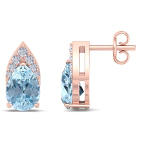 Aquamarine Earrings: Aquamarine Jewelry: 1 3/4 Carat Pear Shape Aquamarine and Diamond Earrings In 14 Karat Rose Gold