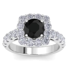 2 1/2 Carat Black Diamond Halo Engagement Ring In 14K White Gold