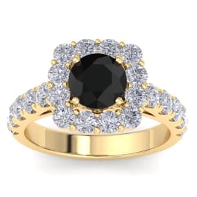 2 1/2 Carat Black Diamond Halo Engagement Ring In 14K Yellow Gold