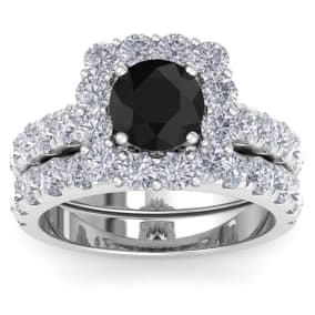 3 1/2 Carat Black Diamond Halo Bridal Set In 14K White Gold