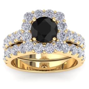 3 1/2 Carat Black Diamond Halo Bridal Set In 14K Yellow Gold