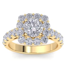 Moissanite Engagement Ring; 2 1/2 Carat Halo Moissanite Engagement Ring In 14K Yellow Gold