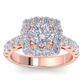 Moissanite Engagement Ring; 2 1/2 Carat Halo Moissanite Engagement Ring In 14K Rose Gold