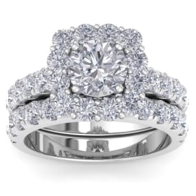 Moissanite Engagement Ring; 3 1/2 Carat Halo Moissanite Bridal Set In 14K White Gold