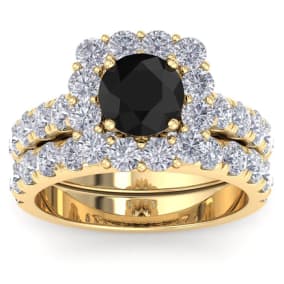 3 1/2 Carat Halo Black Moissanite Bridal Set In 14K Yellow Gold