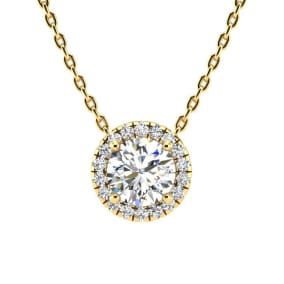 1 1/5ct Halo Lab Grown Diamond Necklace In 14K Yellow Gold, 18 Inches.  Amazing Clarity. Totally Eye Clean VS2 Clarity.  First Time Offer!  Lowest Price Anywhere