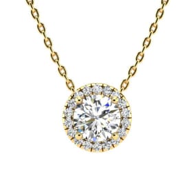 1 1/5ct Halo Lab Grown Diamond Necklace In 14K Yellow Gold, 18 Inches.  Amazing Clarity. Totally Eye Clean VS Clarity.  First Time Offer!  Lowest Price Anywhere