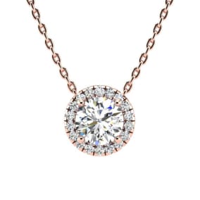 1 1/5ct Halo Lab Grown Diamond Necklace In 14K Rose Gold, 18 Inches.  Amazing Clarity. Totally Eye Clean VS2 Clarity.  First Time Offer!  Lowest Price Anywhere