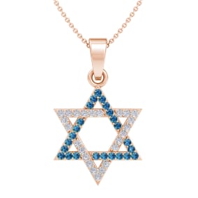 0.40 Carat Blue and White Diamond Star of David Necklace In 14K Rose Gold, 18 Inches