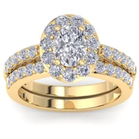2 1/4 Carat Oval Shape Halo Lab Grown Diamond Bridal Set In 14K Yellow Gold