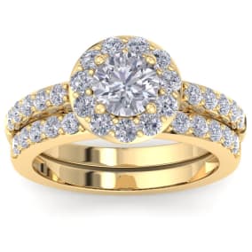 2 1/4 Carat Round Shape Halo Moissanite Bridal Set In 14K Yellow Gold