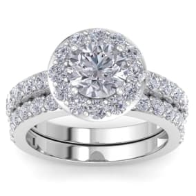 3 1/4 Carat Round Shape Halo Moissanite Bridal Set In 14K White Gold