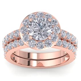 3 1/4 Carat Round Shape Halo Moissanite Bridal Set In 14K Rose Gold