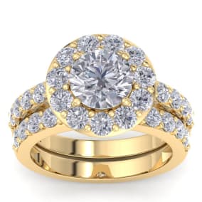 4 1/4 Carat Round Shape Halo Diamond Bridal Set In 14K Yellow Gold