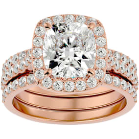 4 1/2 Carat Cushion Cut Halo Lab Grown Diamond Bridal Set In 14 Karat Rose Gold